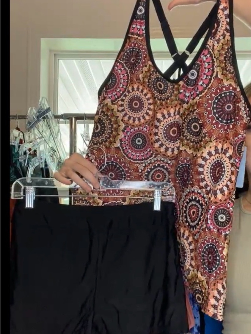 Boho Medallion Print Tankini Top with Black Swim Shorts